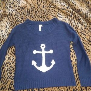 Navy sweater with fuzzy anchor